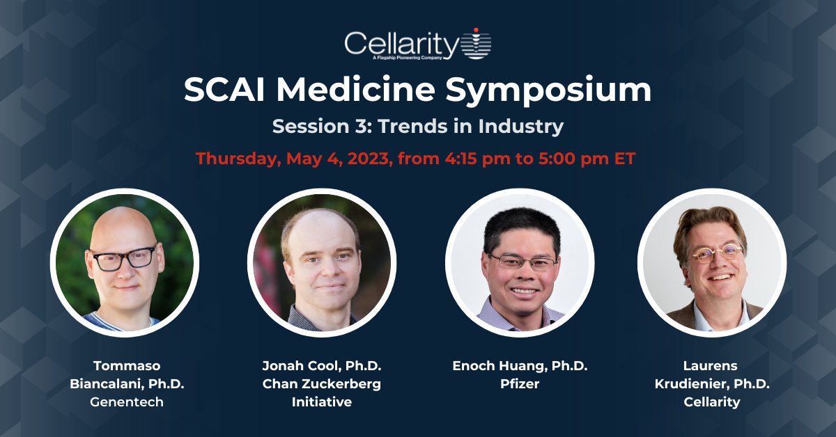 Speakers for #SCAIM23 Session 3: Trends in Industry Panel are @tbyanc, @JCoolScience, Enoch Huang, & Laurens Kruidenier. Register now: Virtual: bit.ly/3m4Cbv4 Or in person: bit.ly/3mMSb5e Agenda: bit.ly/3o2uSEH #AI #singlecell #biology #medicine