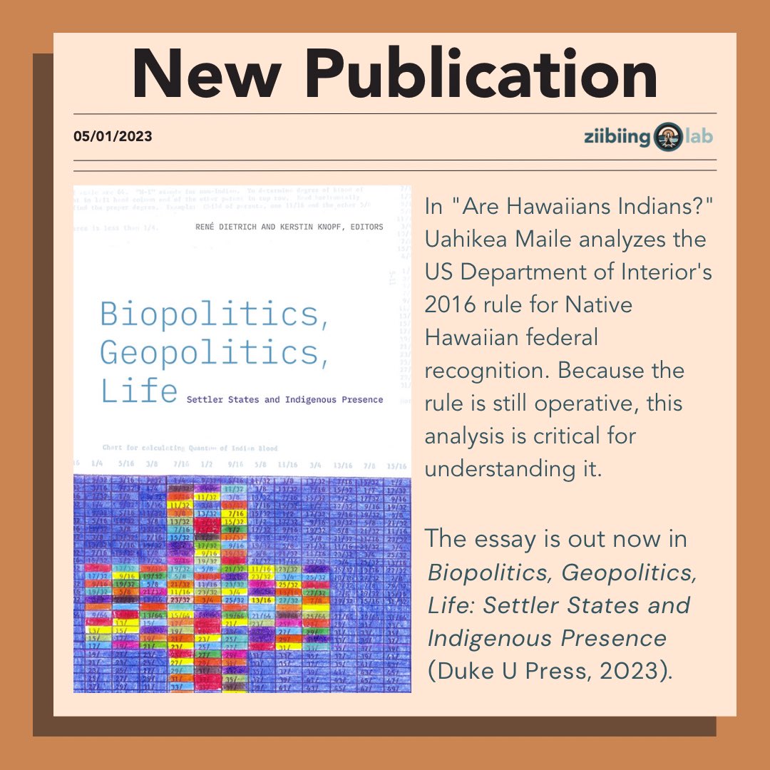 ziibiinglab's tweet photo. In "Are Hawaiians Indians?" Uahikea Maile (@uahikea) analyzes the 2016 @Interior rule for Native Hawaiian federal recognition. This analysis is critical because the rule is still operative. Out now in Biopolitics, Geopolitics, Life with @DukePress! #ZiibiingLab #KanakaTwitter https://t.co/luHV7JHAom