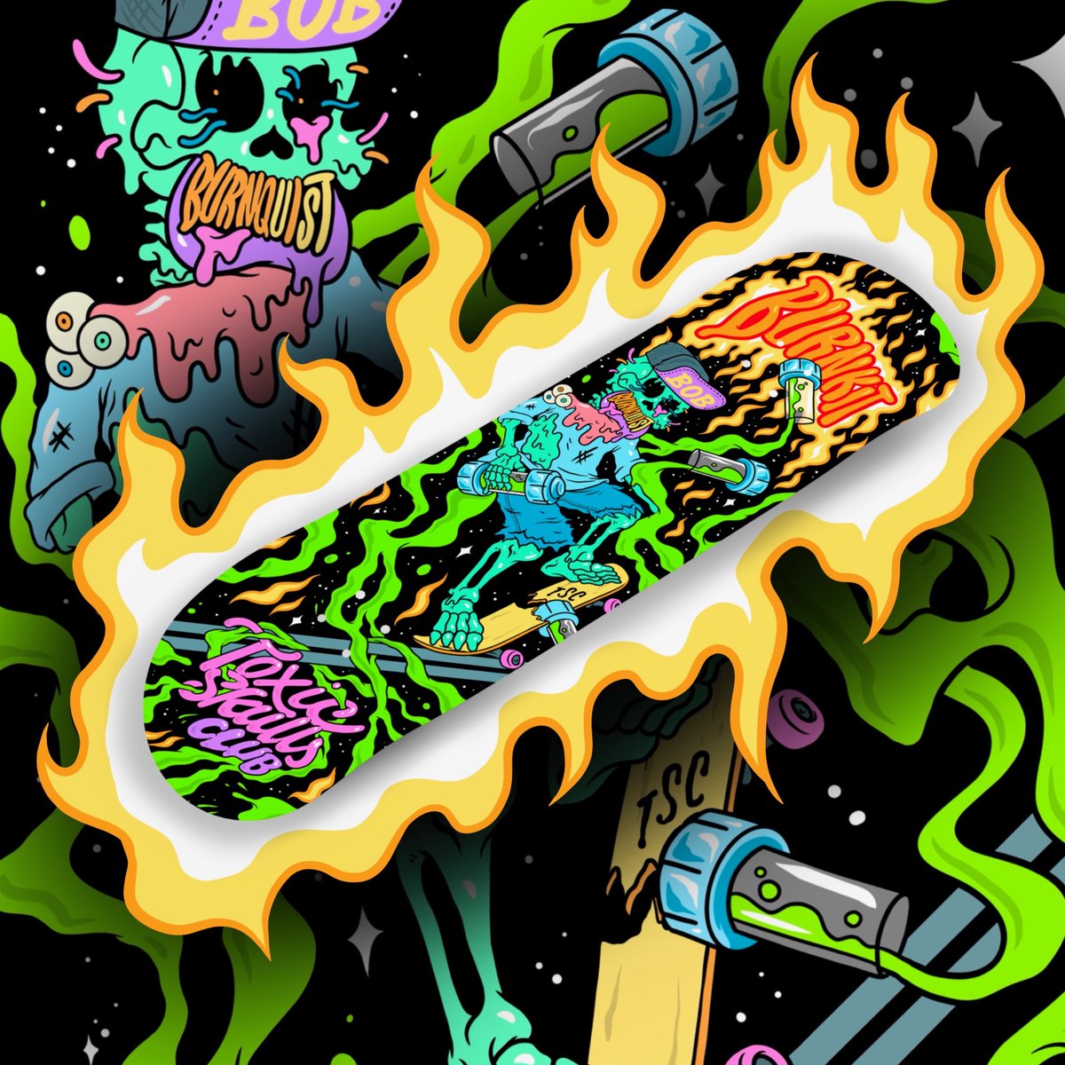 📣 Custom skateboards with <a href="/bobburnquist/">@bobburnquist</a> Burnkit will be launching this month! 🛹

Every board will come with a digital collectible that you can add to your collection. 🔥 

Who's ready?

#ToxicSkullsClub #Burnkit #NFTCommunity