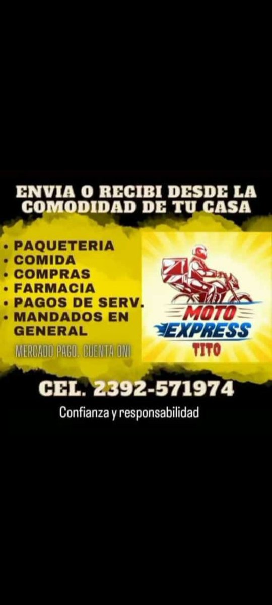 MillaEmi's tweet photo. MotoExpress durante todo el dia 
Cualquier cosa llamen 
Trenque Lauquen 

Si comparten por favor gracias https://t.co/MJWNjgmfRN