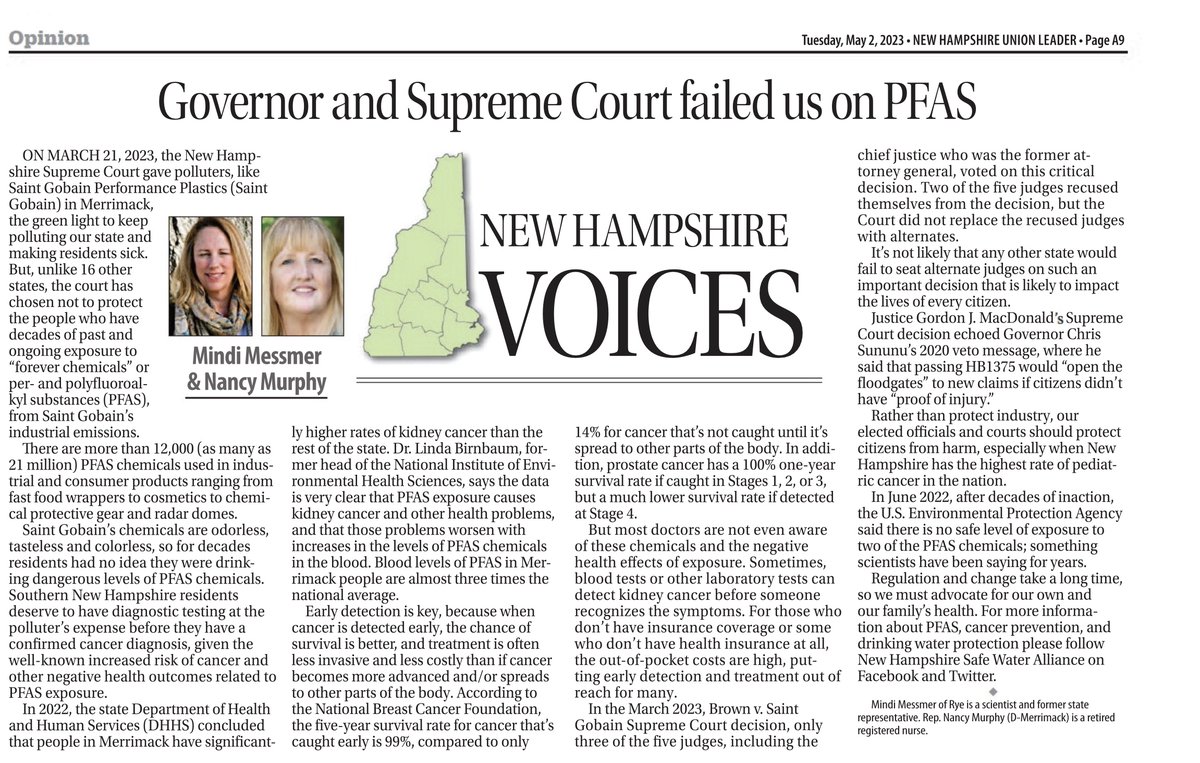 NHSafeWaterA's tweet photo. In today's Union Leader - how the Governor and NH Supreme Court failed the citizens of NH. https://t.co/7BCVB45KGL @NHScienceHealth @NancyMurphyNH @MackenzieM4NH @enckj @fastlerner @PEERorg #PFAS https://t.co/kv0QV8DTsM
