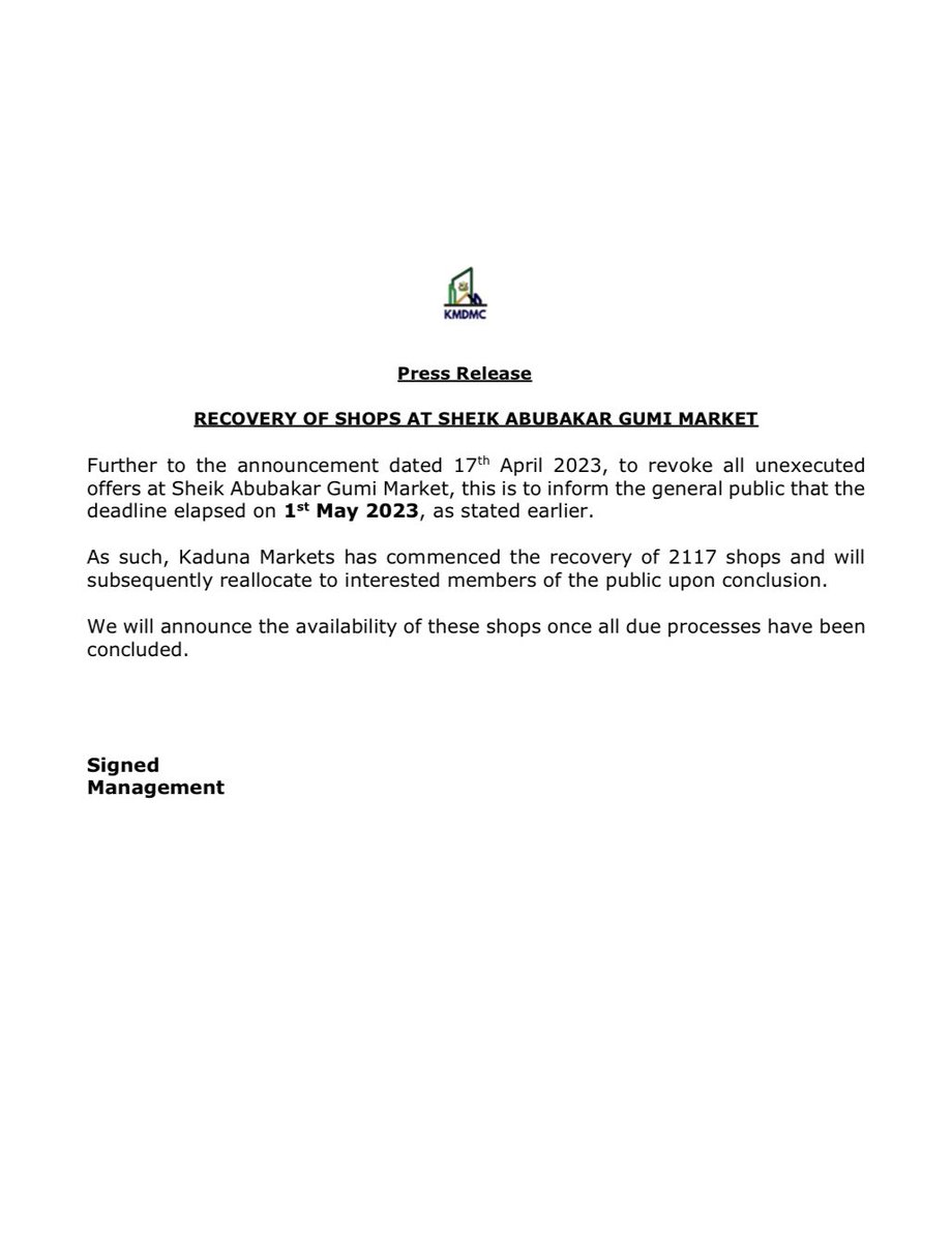 KadunaMarkets's tweet photo. PRESS RELEASE: RECOVERY OF SHOPS AT SHEIK ABUBAKAR GUMI MARKET
#Shopsforall
@tnandul @YemieBakare @HafizBayero @KCTA_KD @GovKaduna Gov @elrufai https://t.co/E6OQAw7ut2