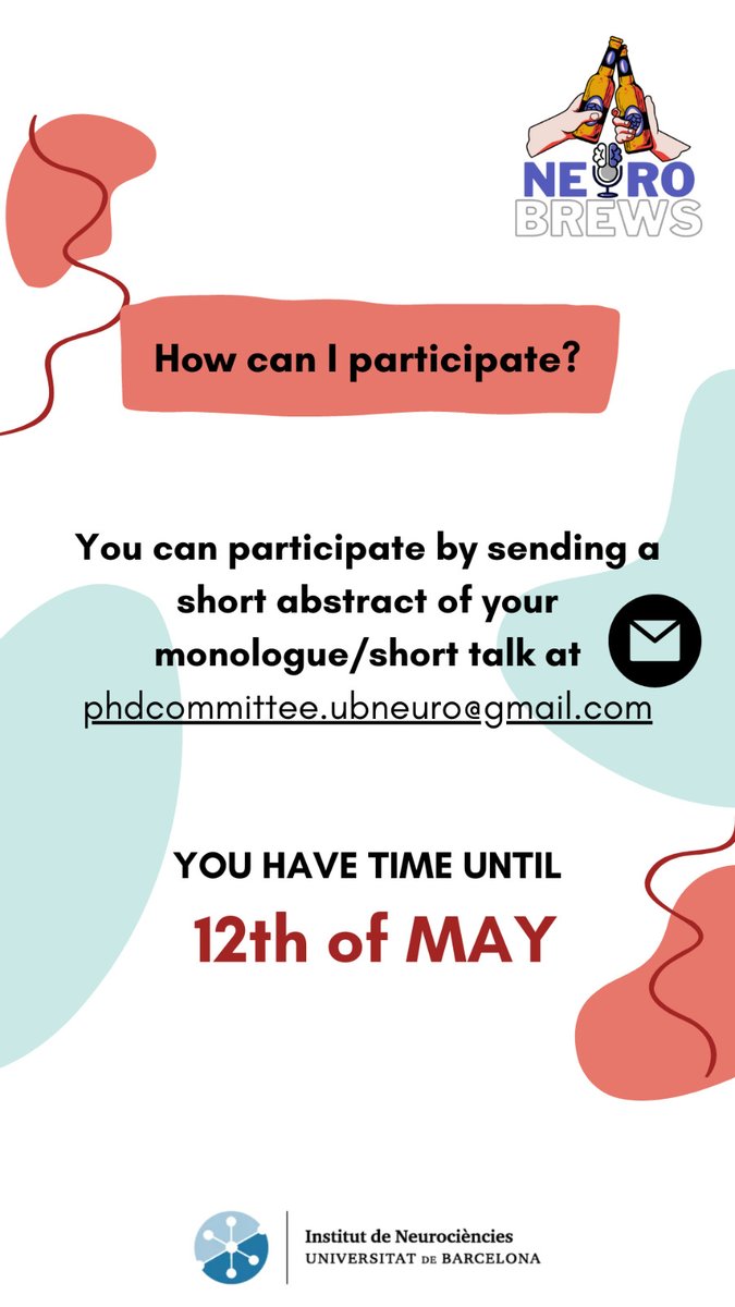 UBneuroscience's tweet photo. #PhDCommittee | Get ready for #NeuroBrews 🧠🍻
📅 8th June
📍 Espai La Muriel (C/Verntallat, 30)
We encourage you to participate by sending us your abstract and share your #research with the community
Any doubts? contact us at phdcommittee.ubneuro@gmail.com https://t.co/R5DBCVxMSH