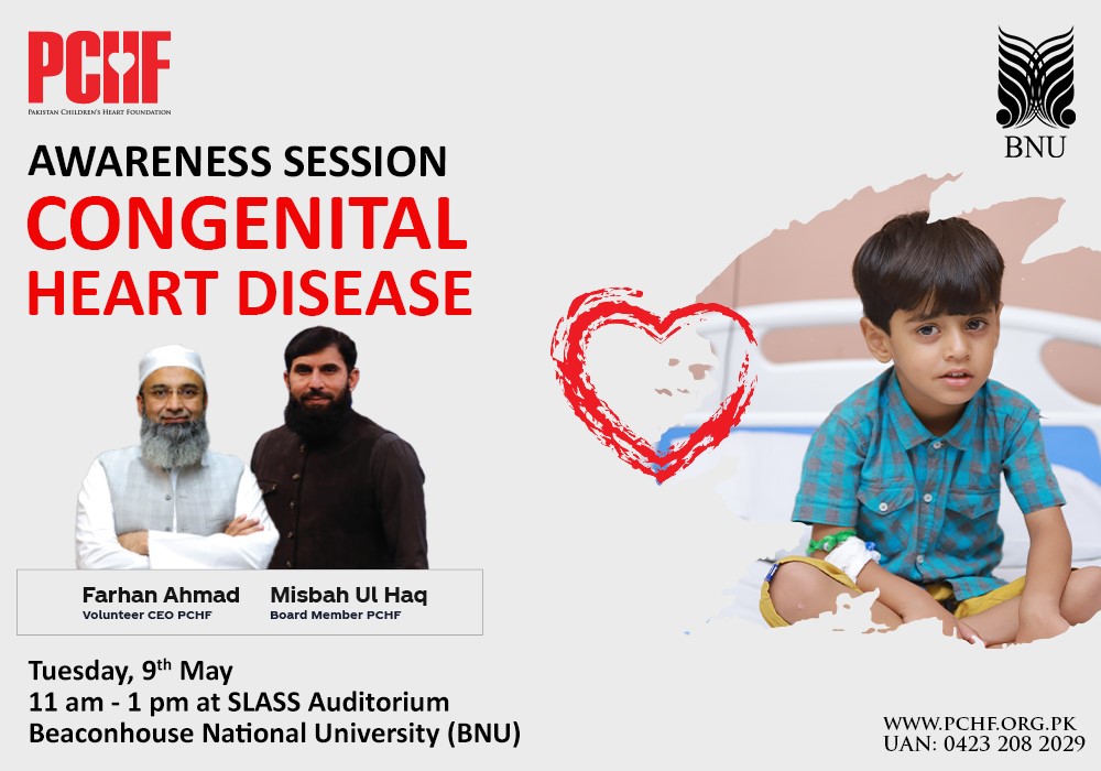 CHDHospital's tweet image. We are thrilled to announce that our Board Member, @captainmisbahpk, &amp;amp; Volunteer CEO, @farhanahmadPK, will be at our #CHDAwareness Session at @BNULahore on Tuesday, 9th May from 11 am - 1 pm in the SLASS Auditorium. #BNU #BeaconhouseNationalUniversity
@SaminaSays #PCHF #CHD