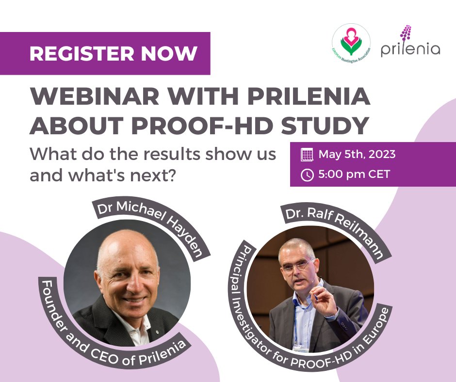 EuroHuntington's tweet photo. 🙌 Webinar with @PrileniaTx
PROOF-HD study - What do the results show us and what's next? ➡️ https://t.co/OF7YXZhJW9
Listen to Dr Michael Hayden (CEO and co-founder of #Prilenia) and Dr Ralf Reilman (Principal Investigator for #PROOFHD in Europe) present the study results. https://t.co/zsS5L4KBUM
