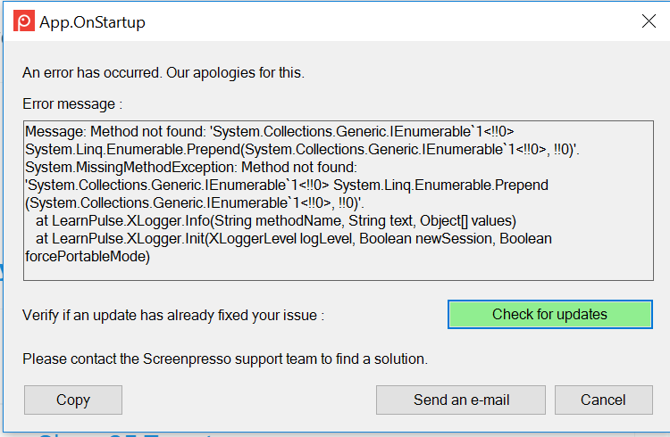 bmani27's tweet photo. @screenpresso Getting this error on the latest upgrade. "Send an email" raises an exception, and "Check for updates" says Screenpresso is up to date. Please help. https://t.co/CPri19i3D1