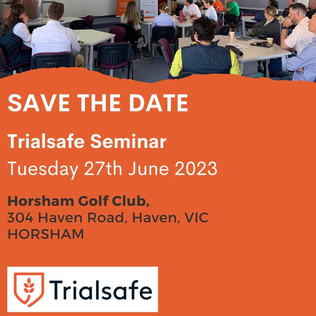 VIC, it's your turn! 
The next Trialsafe Seminar will be held at Horsham Golf Club on 27th June.
📅 Save the date
📢 Tag & tell your friends
✍️ Register your interest events.humanitix.com/trialsafe-semi…

#trialsafe #agriculture #farmsafety #agriculturaltrials #agresearch #whs #agsafety