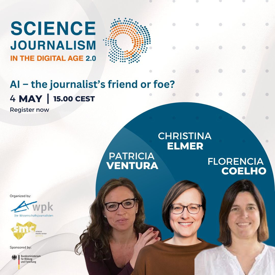 Welche Chancen/Gefahren ergeben sich durch KI für den (Wissenschafts)Journalismus und auch für unsere demokratische Ordnung? 
Drei Expertinnen aus Argentinien, Deutschland &amp; Spanien präsentieren ihre Perspektiven. 
Kostenfreie Anmeldung SciCon-Lecture: 
con-gressa.de/form/2023-05-0…