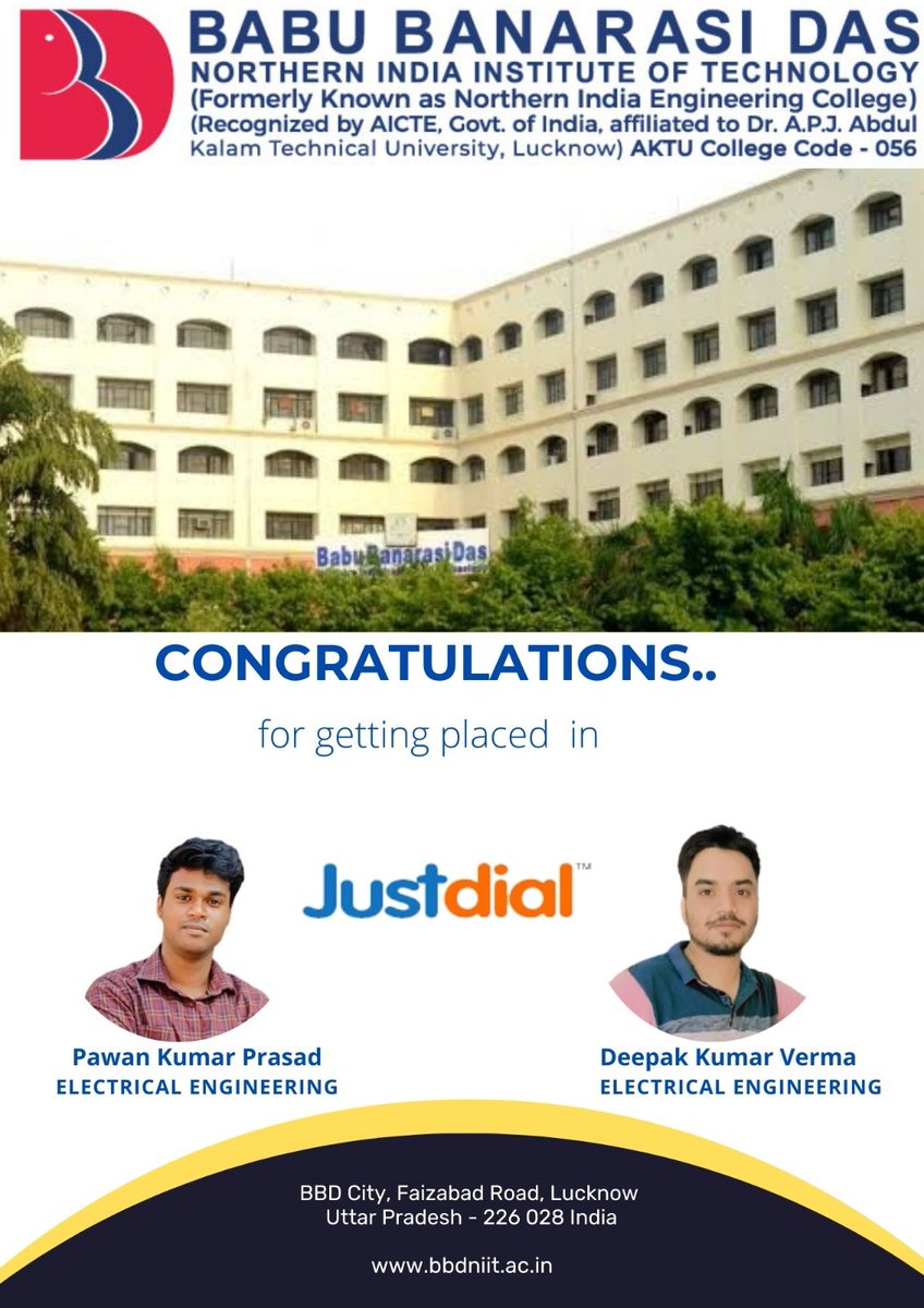 BbdniitEe's tweet photo. Many congratulations to our students Pawan Kumar Prasad  and Deepak Kumar Verma #BTech #EE, 2019-2023, for their successful #placement in #justdial from #bbdniit #EEdept. #TrainingandPlacementCell https://t.co/a7VYoVzyWw