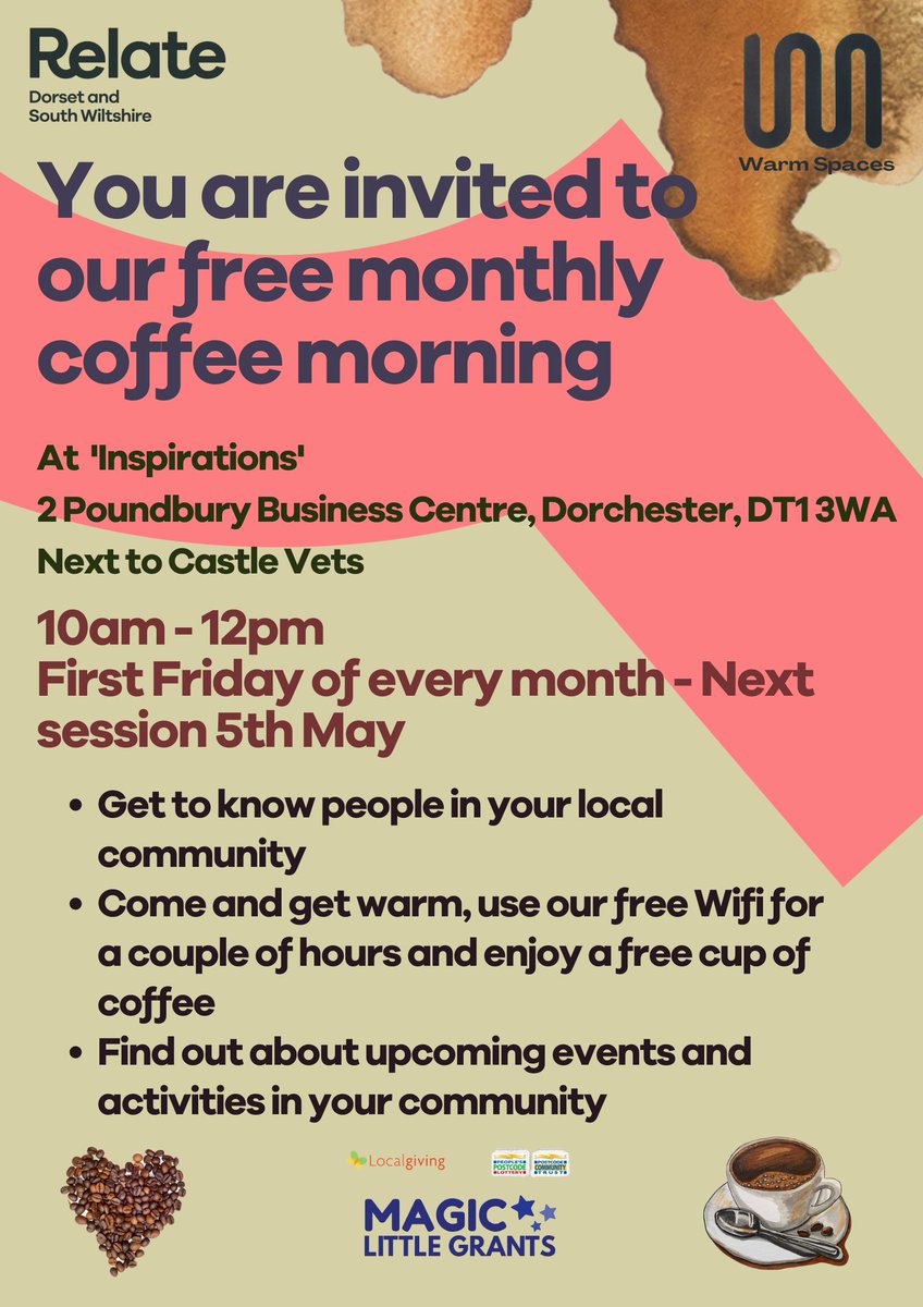 This Friday (5th May) is our free monthly coffee morning - please come along for a chat and a cuppa, we look forward to seeing you there!