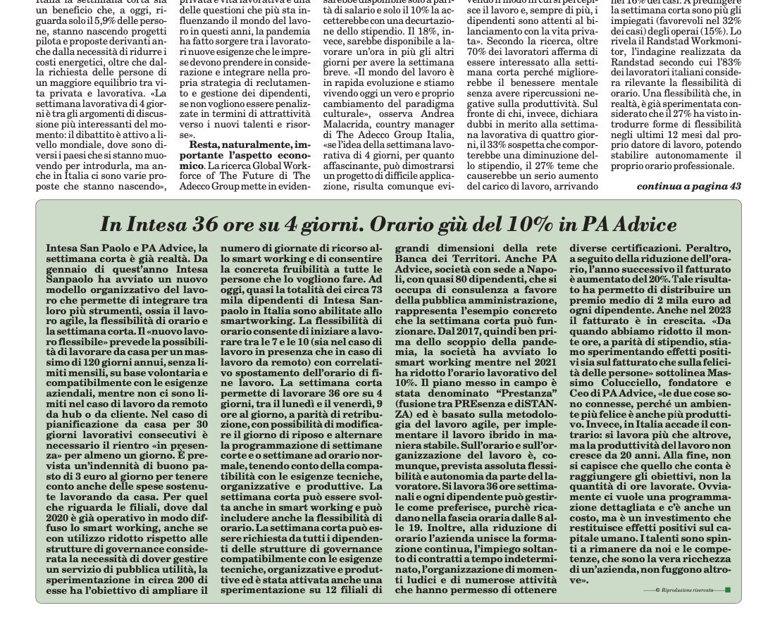 Nella più grande banca italiana, la #settimanacorta è da poco diventata realtà. Noi, nel settore della #consulenza, l' abbiamo adottata da anni. Ne parla in un articolo <a href="/ItaliaOggi/">ItaliaOggi</a> 👇
