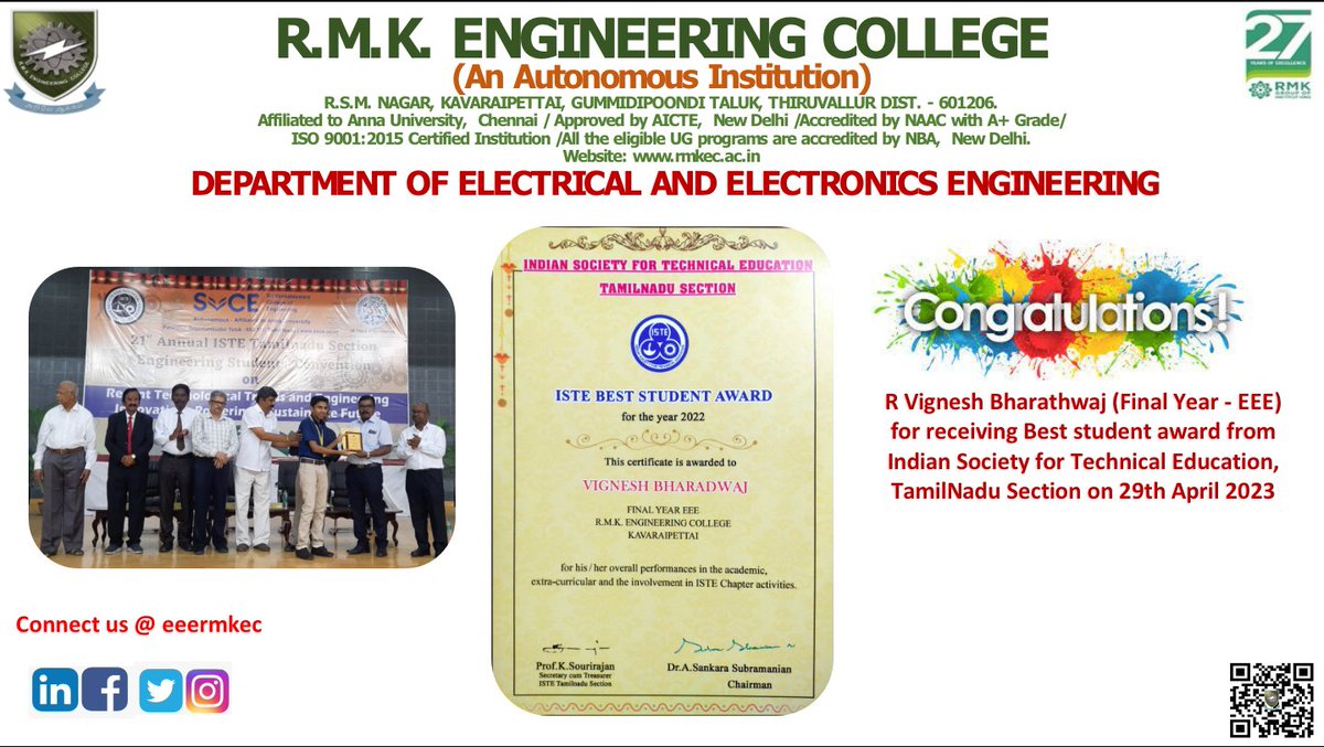 eeermkec's tweet photo. Happy to share - R Vignesh Bharathwaj (Final Year - EEE) received Best student award from Indian Society for Technical Education (ISTE), TamilNadu Section on 29th April 2023 #education #society #share https://t.co/vPM6UnVKaR