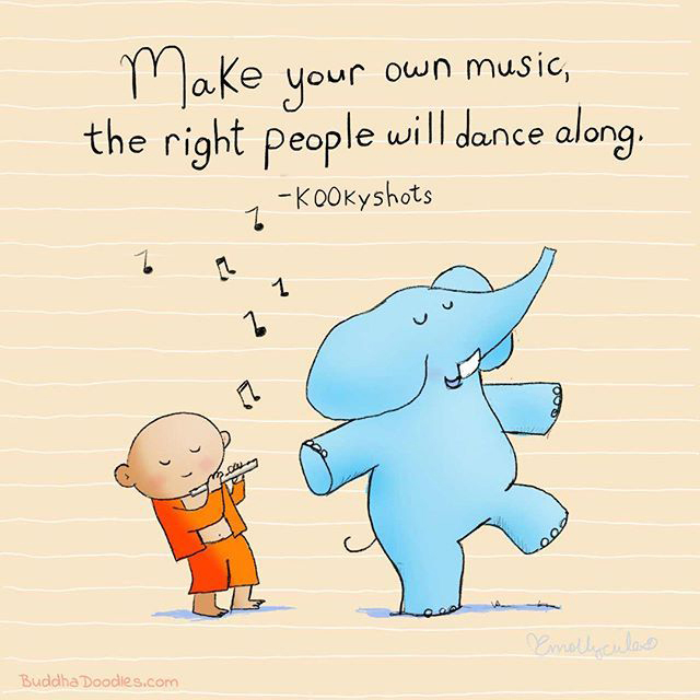 A cute doodle captioned by a fan from a few years ago 🥰 Image description: Zed is playing a flute and Ooty is dancing to the music. The caption says, 'Make your own music, the right people will dance along.' The artwork is by Molly Hahn.