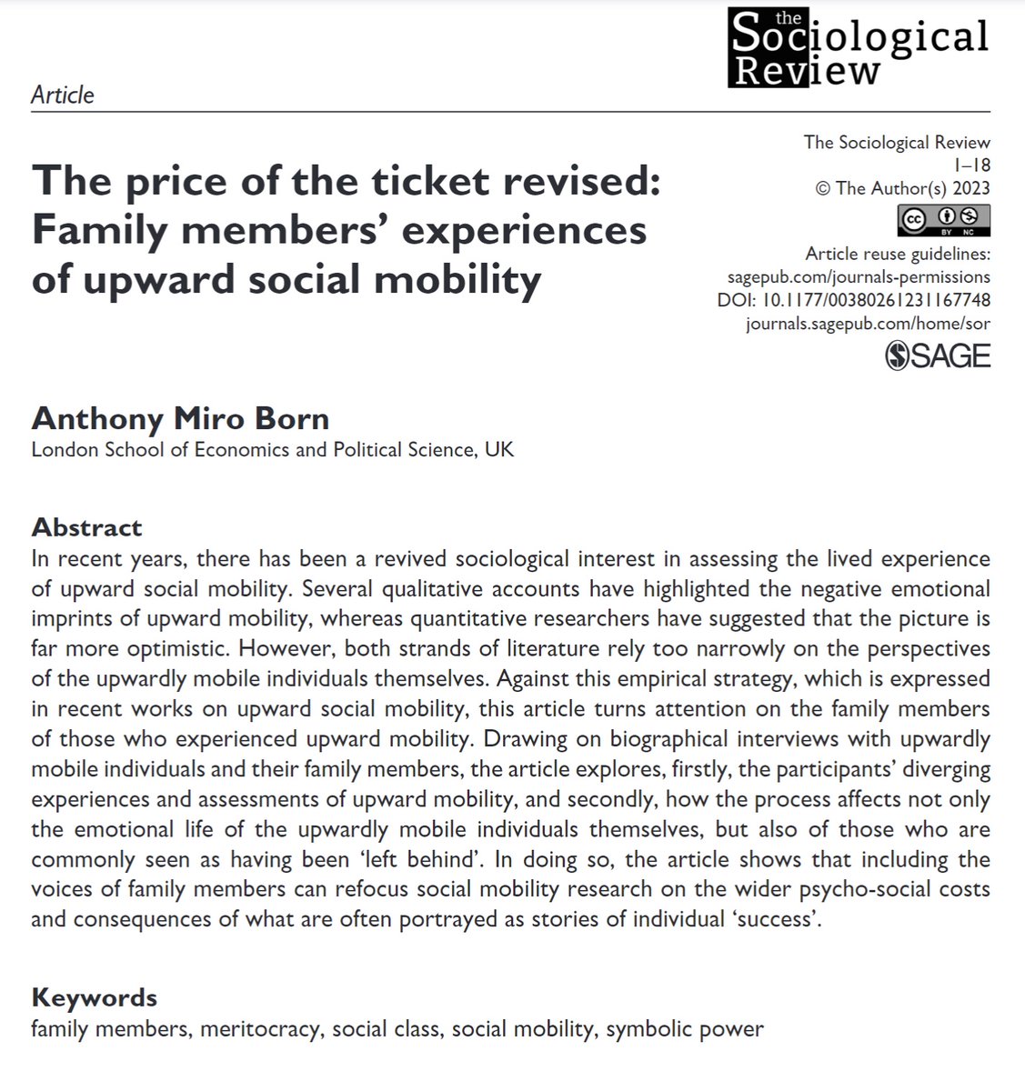 My new article has been published @TheSocReview:
The price of the ticket revised: Family members’ experiences of upward social mobility. journals.sagepub.com/doi/full/10.11…  
@lsesociology @lseinequalities