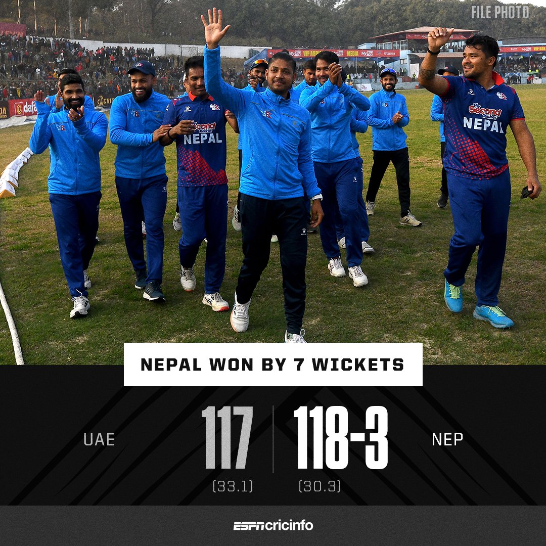 cricinfo's tweet photo. Nepal have qualified for the 2023 Men's Asia Cup after victory against UAE in the #ACCPremierCup final 🇳🇵🏆

Scorecard: https://t.co/SuUQoGbcHf https://t.co/s3vEFVvYtu