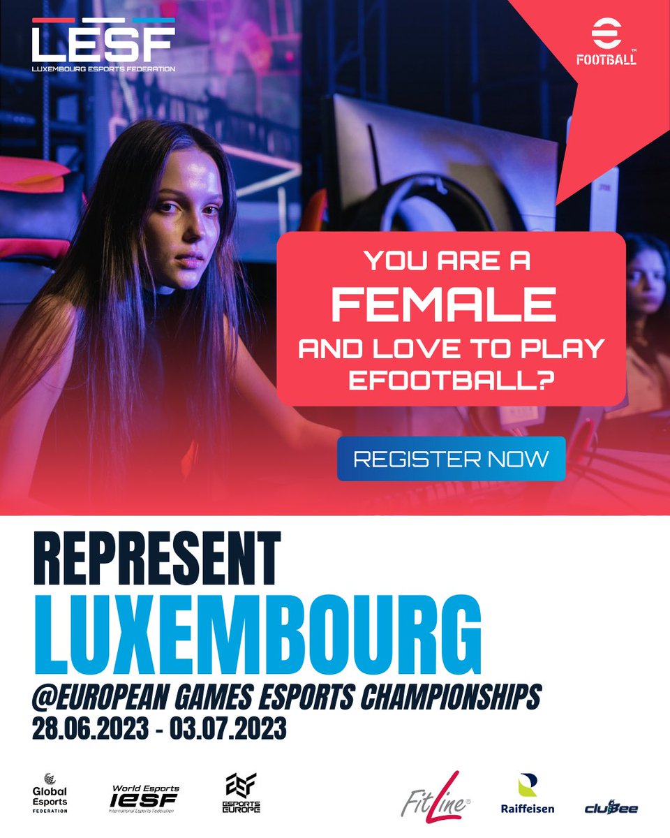 lesf_lu's tweet photo. We are looking for a female #eFootball player to represent Luxembourg at the European Games Esports Championships 2023! 🎮⚽️ 

The #EGE23 will take place OFFLINE in Katowice (Poland) from June 28 to July 3, 2023.

✍️ REGISTER NOW: https://t.co/kvrcTe80j1 https://t.co/etaL9Q74qW