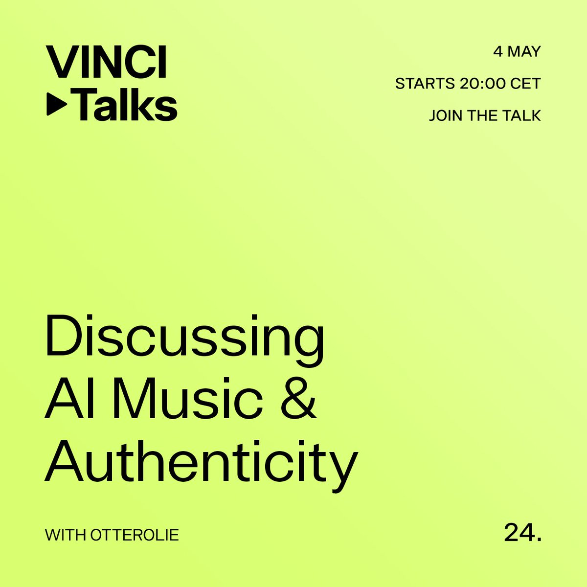 byvinci_io's tweet photo. 🌐 VINCI TALKS 24: AI &amp; Music 🎵🤖

🎤 @psaulvb, @NikCosm0x
🎙️ Host: @otterolie

🚀 AI's impact on music creation

🌌 Metaverse opportunities for musicians

🎨 NFTs empowering artists

🔗 Web3's role in music industry evolution

💡 Cutting-edge tech &amp; strategies

Join us! https://t.co/Q7yEvlzrVA