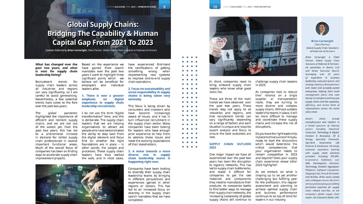 Pedersenptnrs's tweet image. 2021 to 2023 – What’s changed and what’s next for #SupplyChain #leadership #hiring? @BrianCartwright, Client Partner, Global Supply Chain Solutions, and regular contributor to @logisymevents Magazine for Supply Chain Executives, outlines 3 major #trends in his latest article.