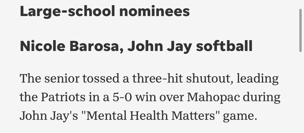 Congrats to <a href="/BarosaNicole/">Nicole Barosa</a> for being nominated for this week’s <a href="/PJSports/">Poughkeepsie Journal Sports</a> Athlete of the Week 🤩
