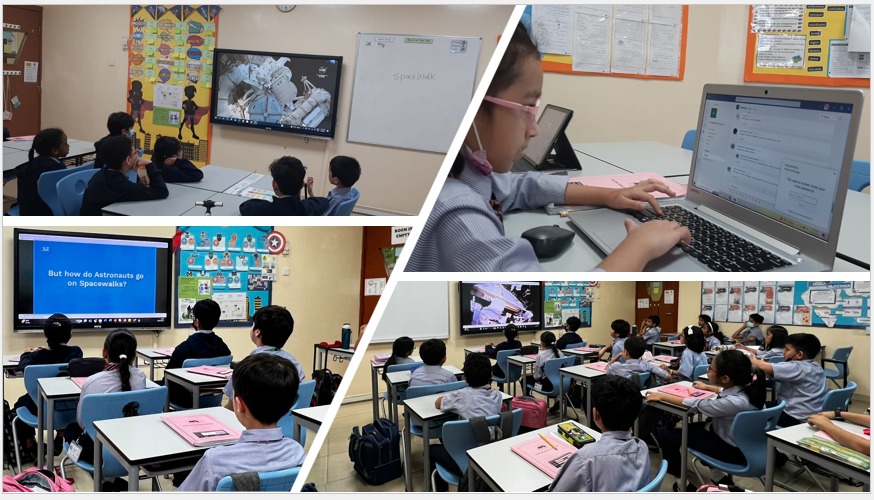PristineSchool's tweet photo. Sultan Al-Neyadi's spacewalk left students in awe & sparked their curiosity! From discussing the effects of microgravity on the human body to the engineering of space suits providing endless possibilities @Astro_Alneyadi #PristinePrmary #ELFInSpace @MBRSpaceCentre 🚀🧑🚀🪐 https://t.co/PAIWmRyFEI