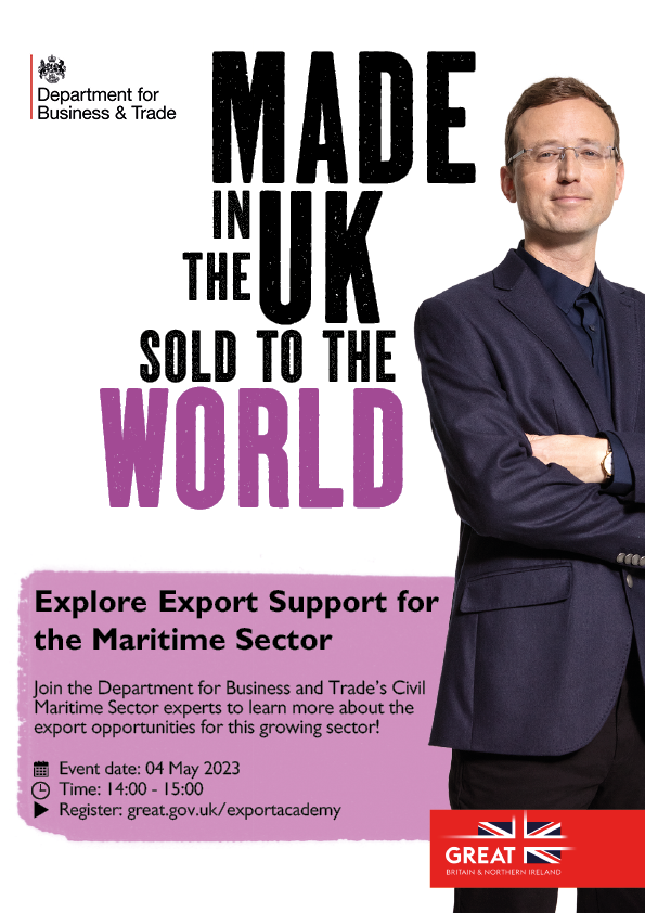 SocMaritimeInd's tweet photo. Interested in learning more about potential maritime #export opportunities and available support for your business? Join the UK Export Academy's upcoming webinar on Thursday (04/05/23) from 2-3pm GMT. 
Register to attend here: https://t.co/Sk8NmIHp1y https://t.co/ycRlA7q1M4