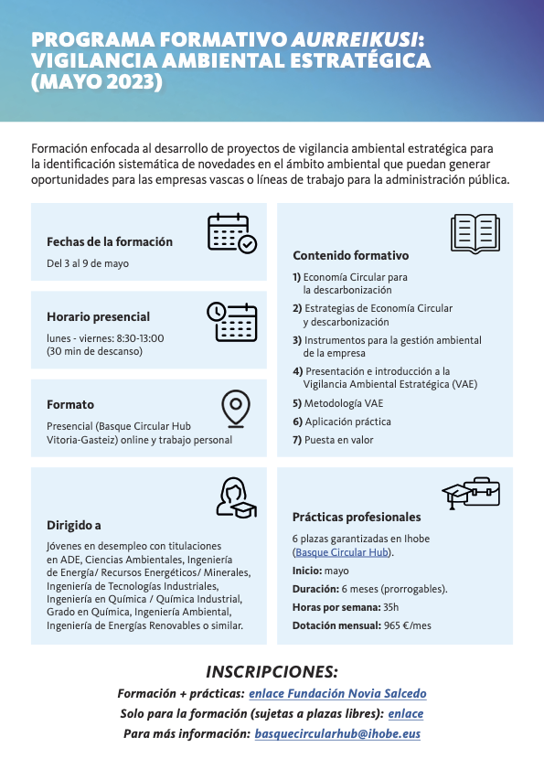 Ihobe_Eus's tweet photo. ♻️🎓Programa de formación para jóvenes en #EconomíaCircular, impulsado por #Ihobe y el #BasqueCircularHub:
🔵 AURREIKUSI: Vigilancia ambiental estratégica (6 plazas de formación y prácticas)
📆 Mañana, 3 de mayo, 1ª sesión de formación.
ℹ️ MÁS INFO👇🏼
🔗https://t.co/30yVtVcxqd https://t.co/Yl7d8nJUDI