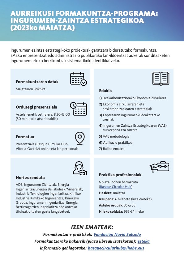 Ihobe_Eus's tweet photo. ♻️🎓Gazteei zuzendutako #EkonomiaZirkularra-ri buruzko prestakuntza, #Ihobe-k eta #BasqueCircularHub-ek bultzatuta:
🔵 AURREIKUSI: Ingurumen zaintza estrategikoa (prestakuntza eta praktikak: 6 plaza)
📆 Maiatzak 3, formakuntzaren 1. saioa.
ℹ️ INFO👇🏼
🔗https://t.co/30yVtVcxqd https://t.co/BDg9vYsCh3