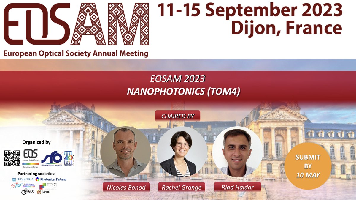 Join the latest advances and discussions at #EOSAM2023 Nanophotonics Topical Meeting to hear about metasurfaces, plasmonics, quantum nano-optics, and more. The meeting covers metasurfaces, deep learning, photonic crystals, and nanophotonic device fabrication. #photonics #optics