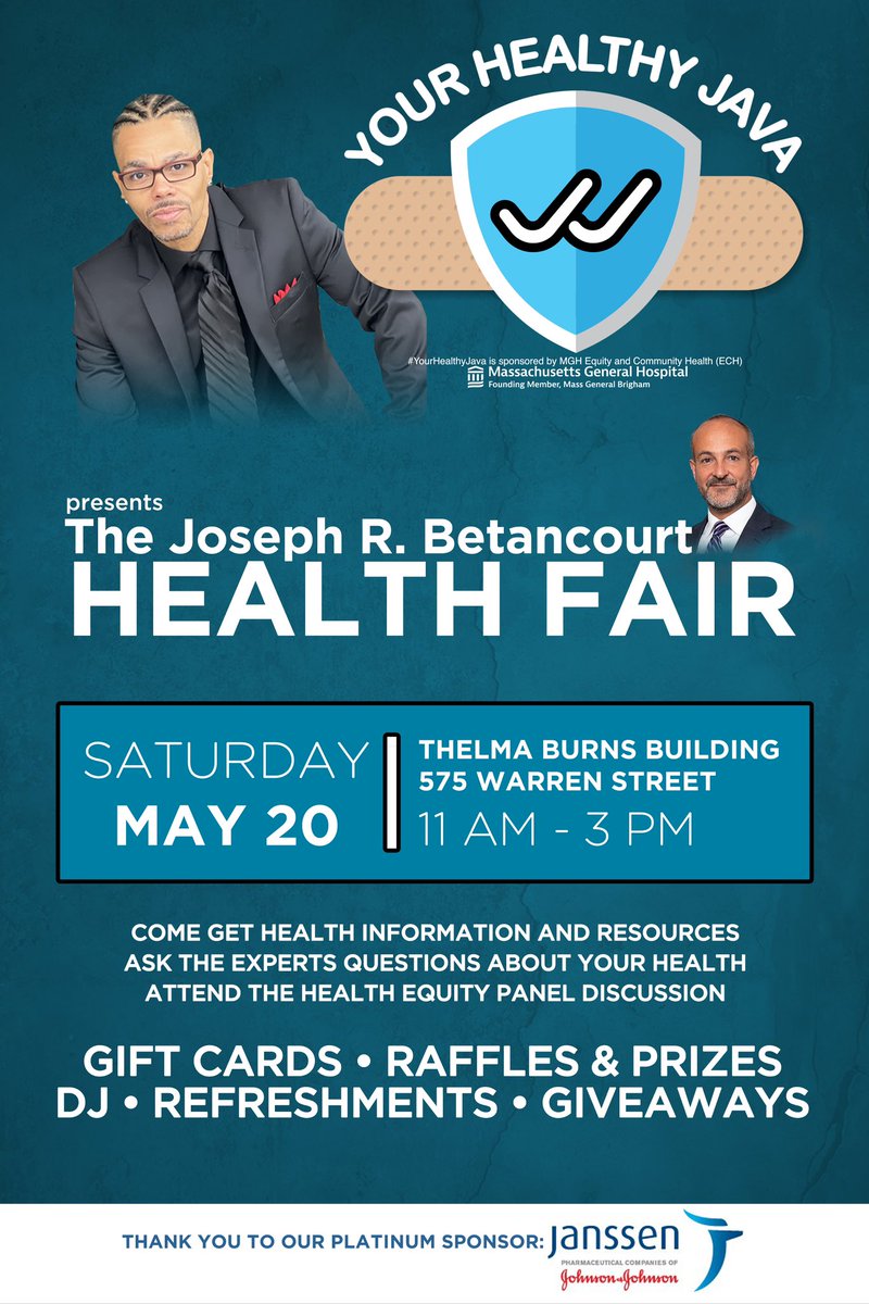 javawithJimmy's tweet image. Good Morning!

In honor of his commitment to #healthequity &amp;amp; leadership in the creation of #YourHealthyJava w/@MGHEquity, we are naming our annual health fair after Dr. Joseph R. Betancourt @Jbetancourtpr of @commonwealthfnd 

SPECIAL THANKS to our event sponsor @JanssenGlobal