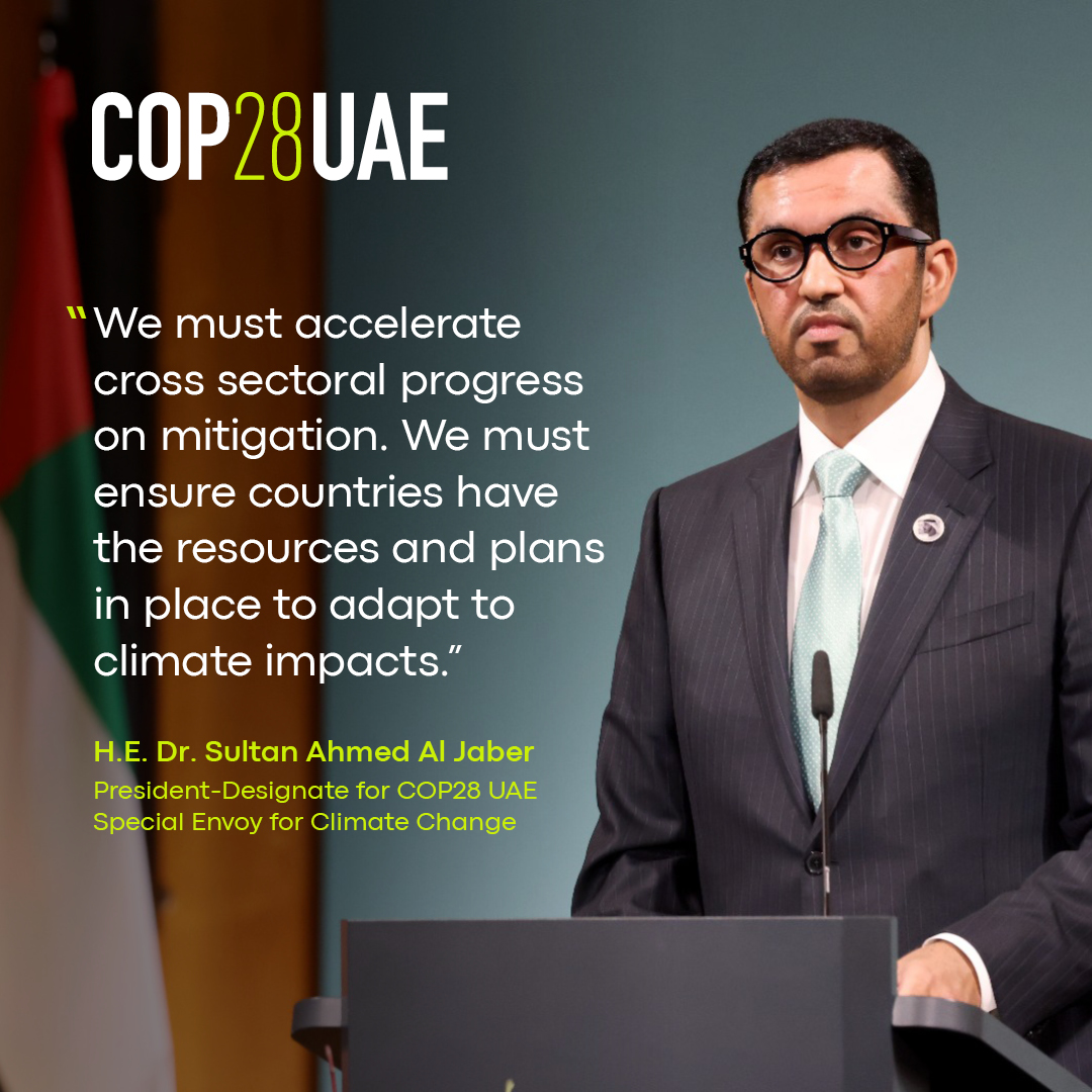 #COP28UAE President-Designate, #DrSultanAlJaber stressed the need for greater cross-sectoral mitigation and climate adaptation efforts at #PetersbergClimateDialogue.
