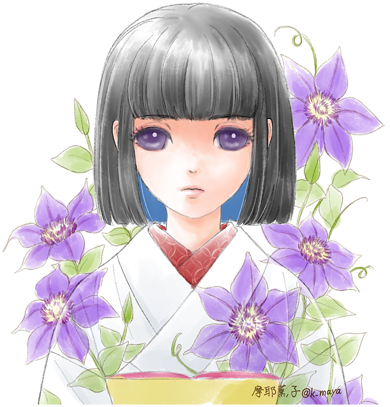 「鉄線  #オリジナル #着物 #和服 #女の子 クリスタ2.0のヘッドモデルを自」|摩耶薫子のイラスト