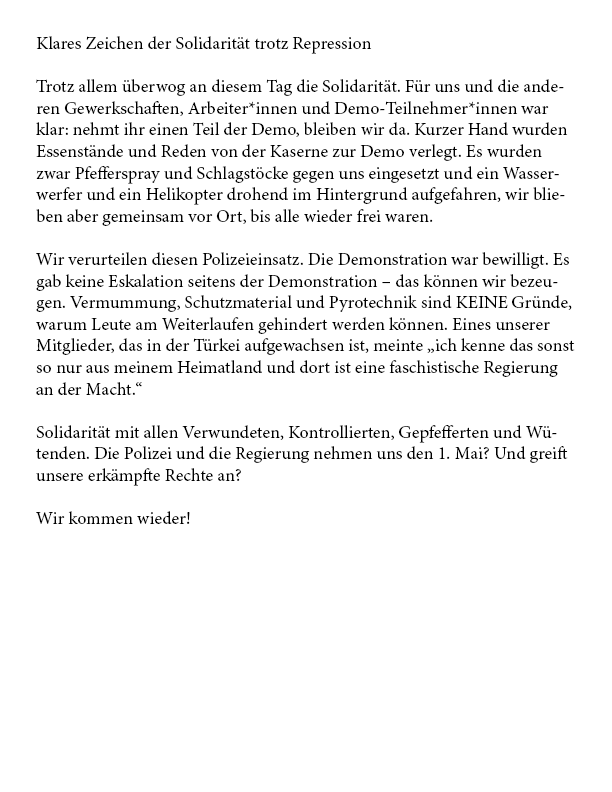 Statement der IGA zur 1. Mai Demo 2023.