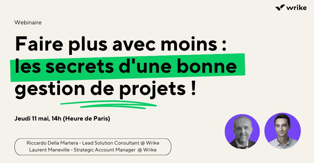 📣 Appel à tous les #ChefsDeProjet ! (Et on sait que vous êtes nombreux 😃)👉 bit.ly/40WTjBc

RDV la semaine prochaine pour un webinaire où l’on vous montrera comment #Wrike peut vous aider à simplifier vos processus de #GestionDeProjet. 🚀