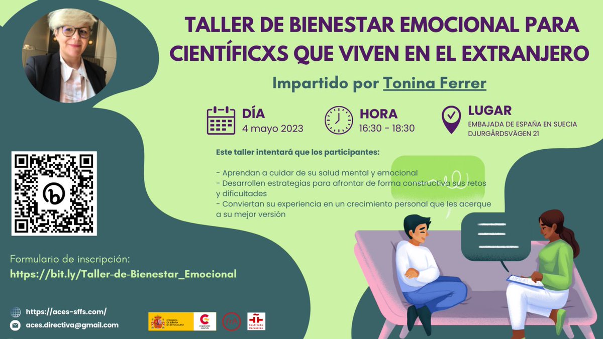 Aún quedan plazas para el taller de bienestar emocional impartido por @ToninaFerrer este jueves! ¡No te lo pierdas! Más detalles y registro en: aces-sffs.com/taller-de-bien… ¡Nos vemos!