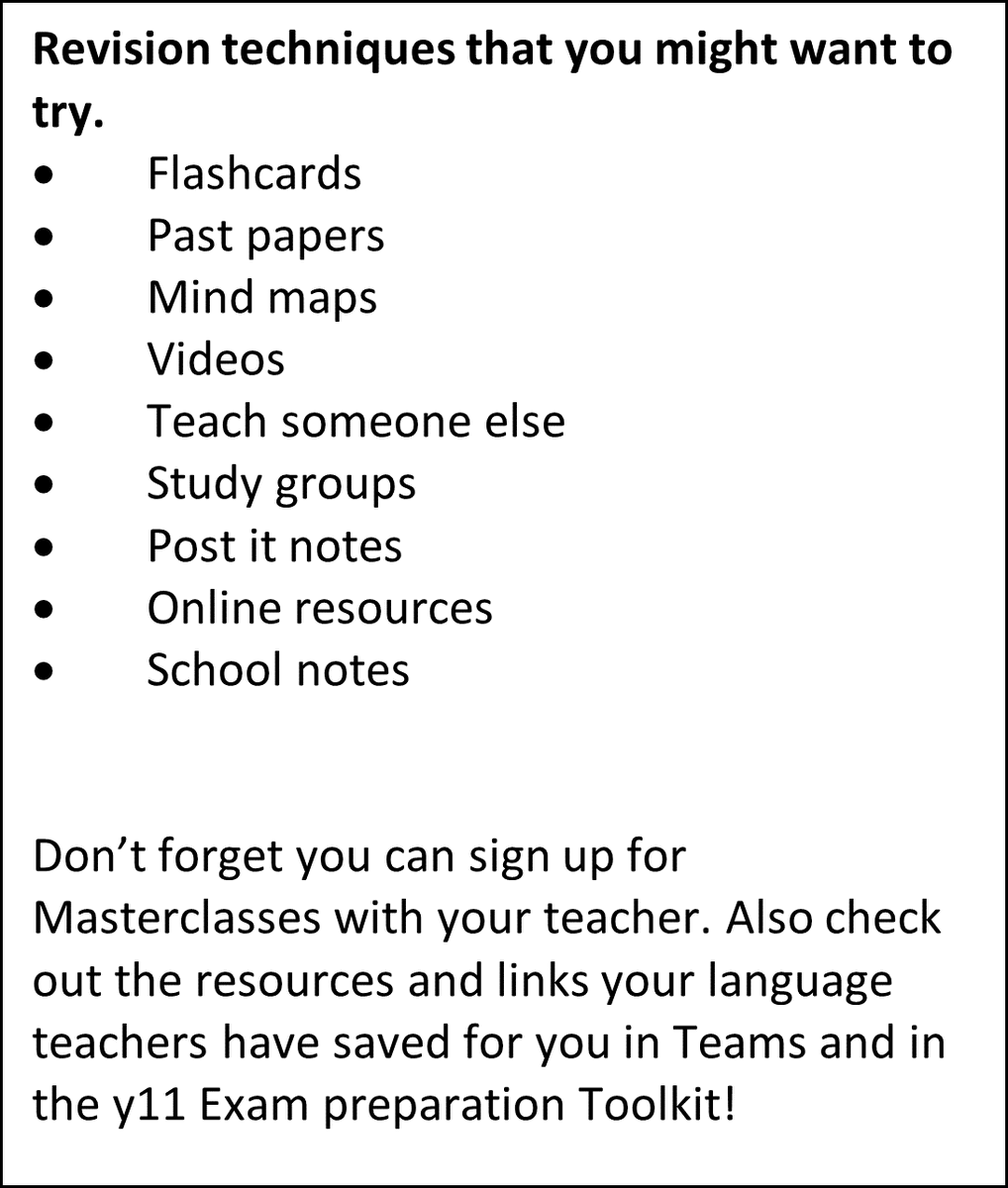 BVGALanguages's tweet photo. -Y11 Language Exams Dates and Tips-
Don’t forget you can sign up for Masterclasses with your teacher. Also, check out the resources and links your language teachers have saved for you in Teams and in the Y11 Exam preparation Toolkit! Good Luck!
#ConfidentLearners https://t.co/WmTrBJXYFi