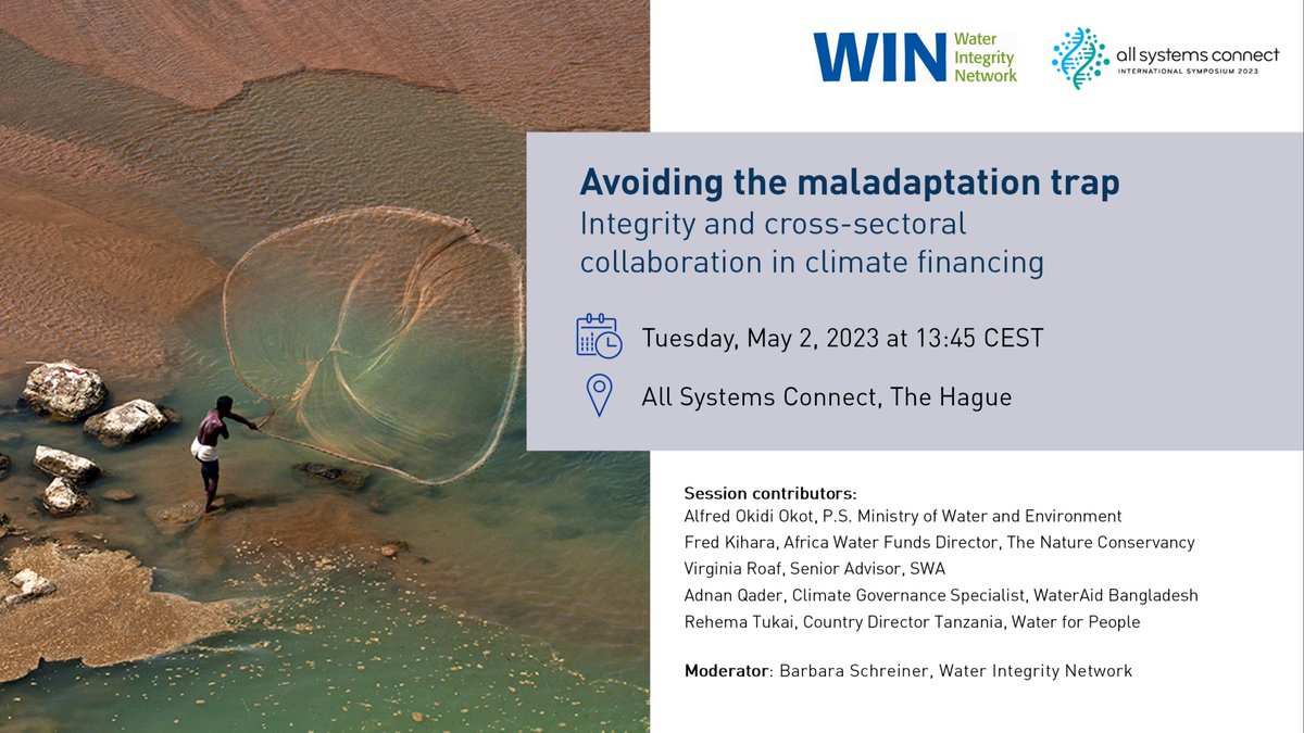 💧 Water Integrity Network 💧 (@waterintegrityn) on Twitter photo Coming up at #AllSystemsConnect, how is inadequate adaptation to climate change a threat to #watersanitationrights? What do we have to do in climate finance to avoid this maladaptation trap?
Join us & <a href="/min_waterUg/">MINISTRY OF WATER AND ENVIRONMENT 🇺🇬</a> <a href="/WaterAidBD/">WaterAid Bangladesh</a> <a href="/sanwatforall/">Sanitation and Water for All</a> <a href="/IRCWASH/">IRC</a> <a href="/waterforpeople/">Water For People</a> <a href="/nature_org/">The Nature Conservancy</a>
👇 Coming up at #AllSystemsConnect, how is inadequate adaptation to climate change a threat to #watersanitationrights? What do we have to do in climate finance to avoid this maladaptation trap?
Join us & <a href="/min_waterUg/">MINISTRY OF WATER AND ENVIRONMENT 🇺🇬</a> <a href="/WaterAidBD/">WaterAid Bangladesh</a> <a href="/sanwatforall/">Sanitation and Water for All</a> <a href="/IRCWASH/">IRC</a> <a href="/waterforpeople/">Water For People</a> <a href="/nature_org/">The Nature Conservancy</a>
👇