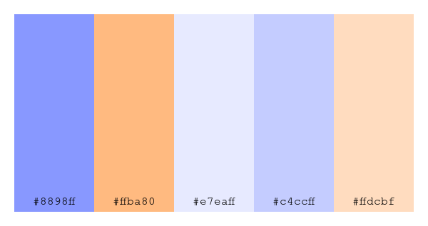 ColPaletteBot's tweet photo. Beep beep, here's a pretty color palette for you!
color-scheme.js parameters used:
- hue: 248
- variation: light
- colors: #8898ff, #ffba80, #e7eaff, #c4ccff, #ffdcbf
Have a lovely day!
#twitterbot #colorpalette #colors #palette #prettycolors https://t.co/TlagAwUPoc