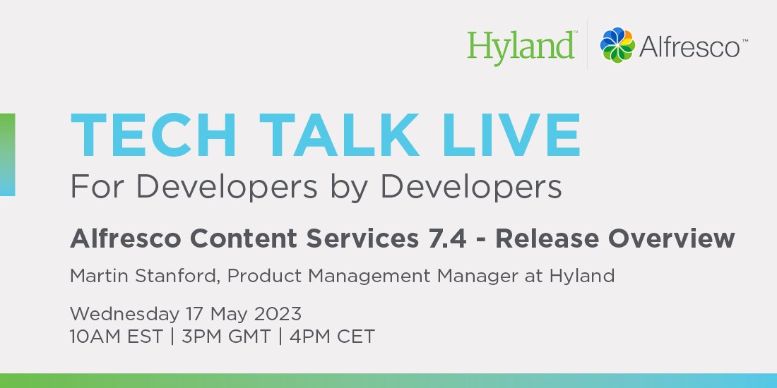 📅 Join us on May 17th for a Tech Talk Live exploring Alfresco Content Services 7.4! 

Alfresco's product management team will review major enhancements in this release and a roadmap for future updates, plus take your questions.

Register now ⬇️ hyland.zoom.us/webinar/regist…