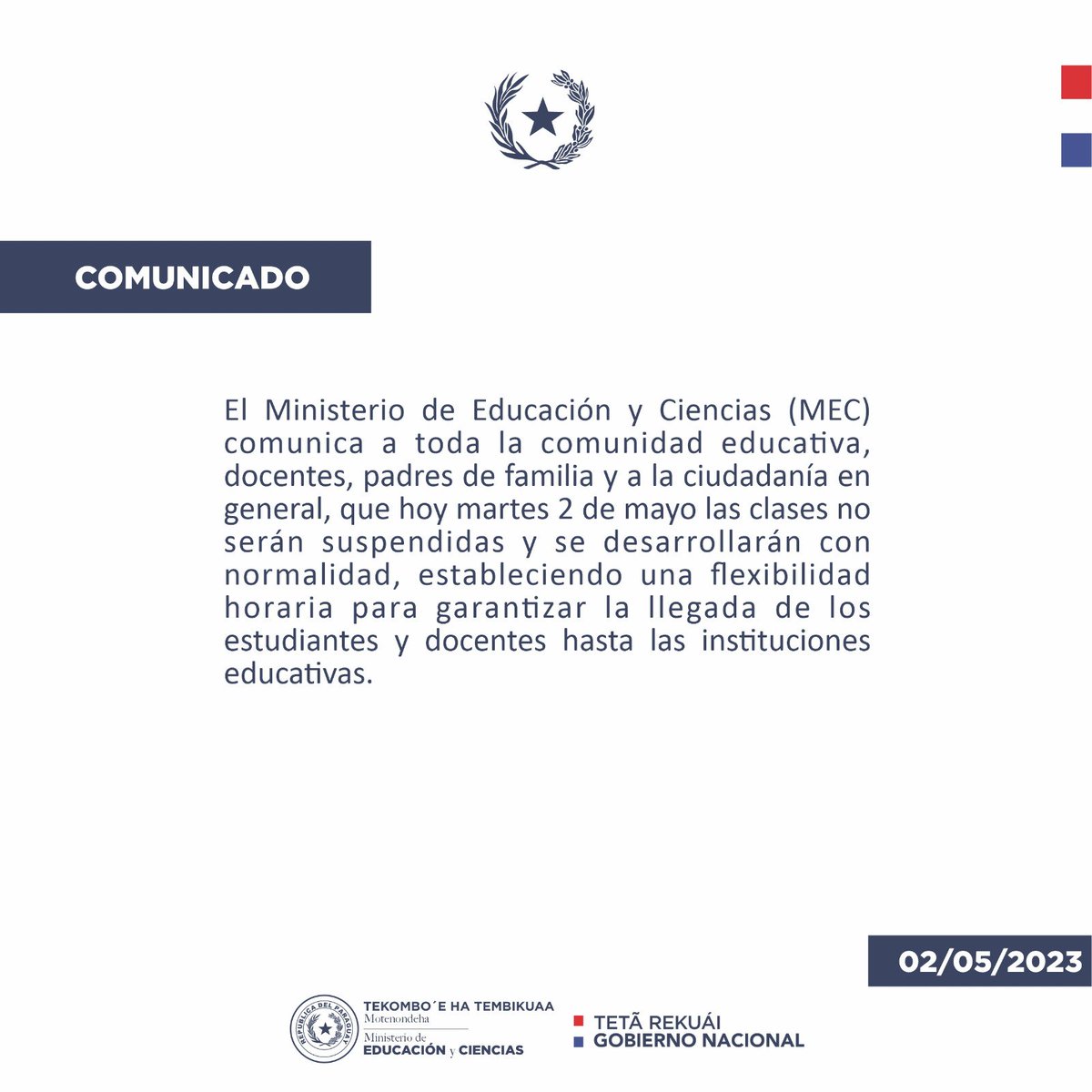 MECpy's tweet photo. ⚠️Importante 

Comunicado #MEC respecto al desarrollo normal de las clases, este martes 2 de mayo. https://t.co/yRe5URQxLT