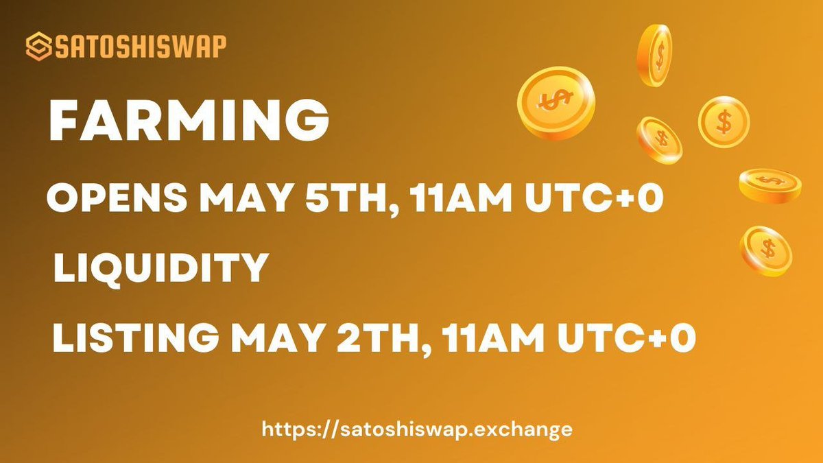 🎉 Thrilling news! 

Satoshi Swap, a token on #COREChain just listed bringing more opportunities to $CORE Market! 

Get ready for some farming action starting May 5th, 11 AM UTC! 

🌱 Don't miss trading $SAT here 👇🏼
satoshiswap.exchange/swap