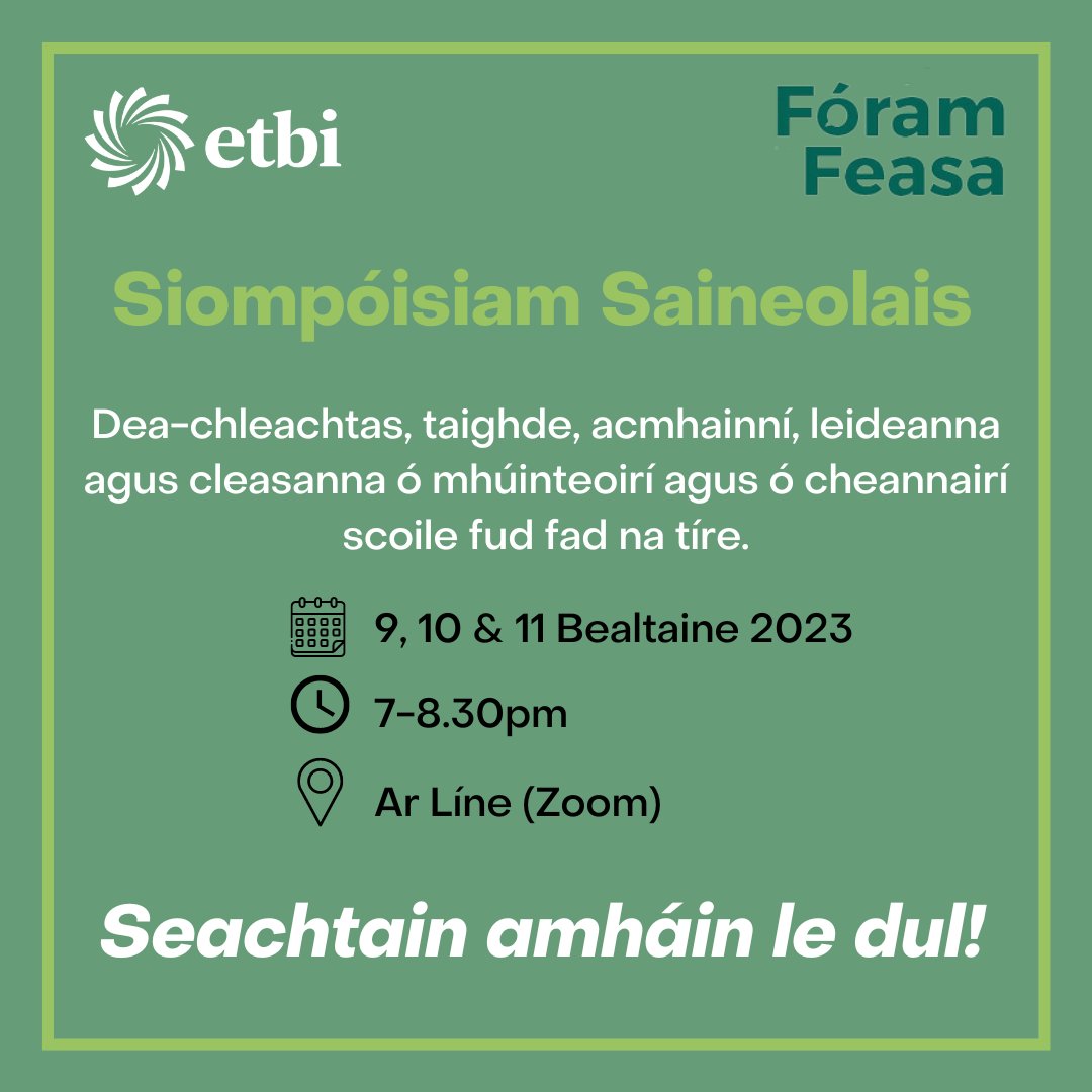 ETBI (@etbireland) on Twitter photo Only 1 week left to go until the ETBI Siompóisiam Saineolais! #SiompSain23
For more information visit: events.etbi.ie/SiompSain23
*******************
Níl ach seachtain amháin fágtha go dtí Siompóisiam Saineolais 2023
Tuilleadh eolais:
events.etbi.ie/SiompSain23
<a href="/CoggOid/">COGG Oideachas</a> <a href="/Gaeloid/">Gaeloideachas</a> Only 1 week left to go until the ETBI Siompóisiam Saineolais! #SiompSain23
For more information visit: events.etbi.ie/SiompSain23
*******************
Níl ach seachtain amháin fágtha go dtí Siompóisiam Saineolais 2023
Tuilleadh eolais:
events.etbi.ie/SiompSain23
<a href="/CoggOid/">COGG Oideachas</a> <a href="/Gaeloid/">Gaeloideachas</a>
