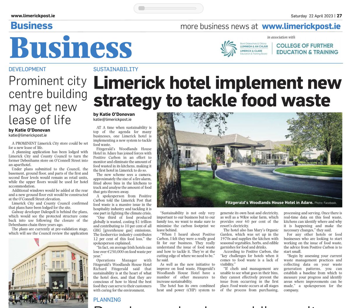 Positive Carbon was featured in the Limerick Post for our partnership with Fitzgerald Woodlands Hotel to tackle food waste. We believe every business has a responsibility to do their part for the climate! #sustainability #foodwaste #climateaction #PositiveCarbon