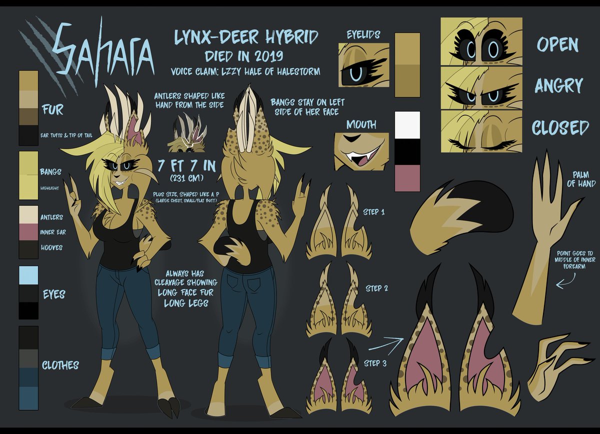Desert_Deercat's tweet image. Repost bc twitter sucks ✨️
Ayy I finally got my sona Sahara's new ref sheet done! Super happy with it now, and I did a bunch of other things and included info about her too in the thread below! ⬇️
(1/5)
#hazbinhotel #HelluvaBoss #hazbinhoteloc #helluvabossoc #fursona #oc