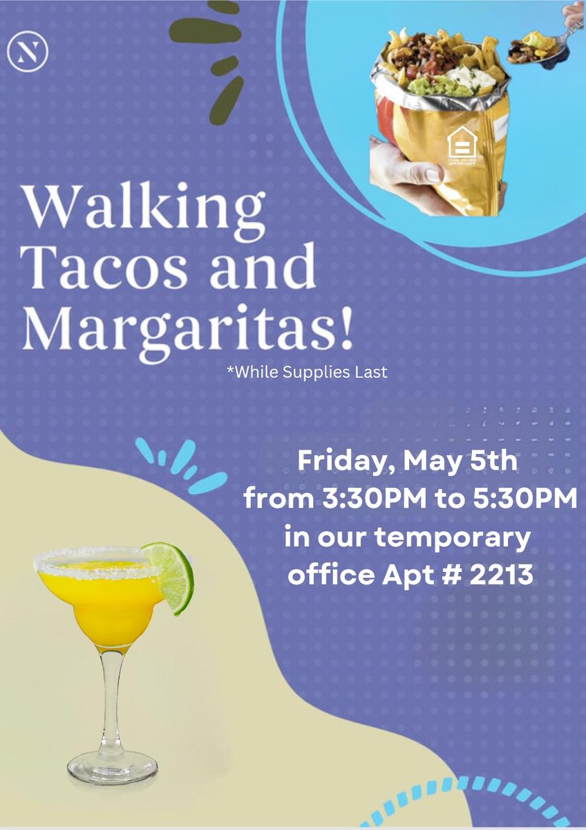 AshlarFl's tweet photo. Celebrate Cinco De Mayo with Tacos &amp; Margaritas!
Friday, May 5th from 3:30- 5:30 PM

#WeLoveOurResidents #LoveWhereYouLive #Community #ResidentEvents #LuxuryRentals #CincoDeMayo #Tacos #Margaritas #FortMyers #TheAshlar https://t.co/eUuwiEPE9H