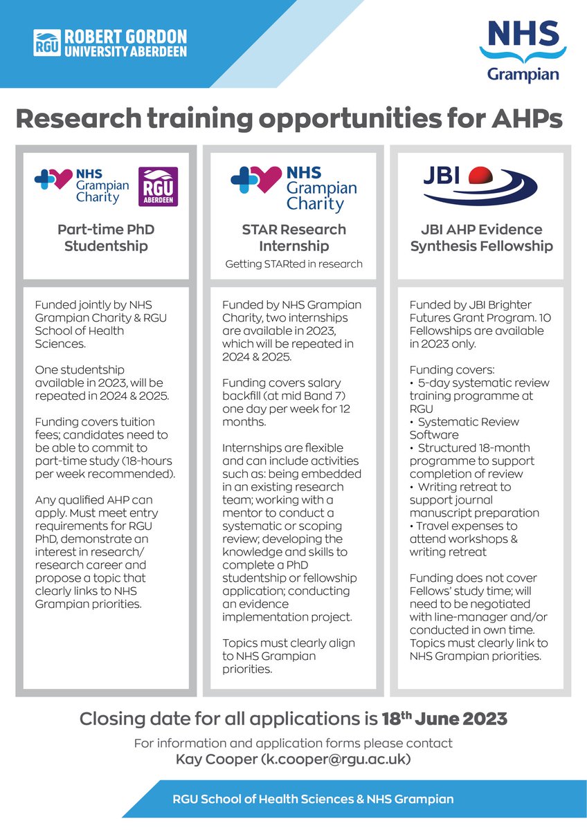 💥💥 Are you an #AHP working in NHS Grampian? Fantastic research training opportunities available 👇👇Application deadline 18th June 2023 RTs appreciated!