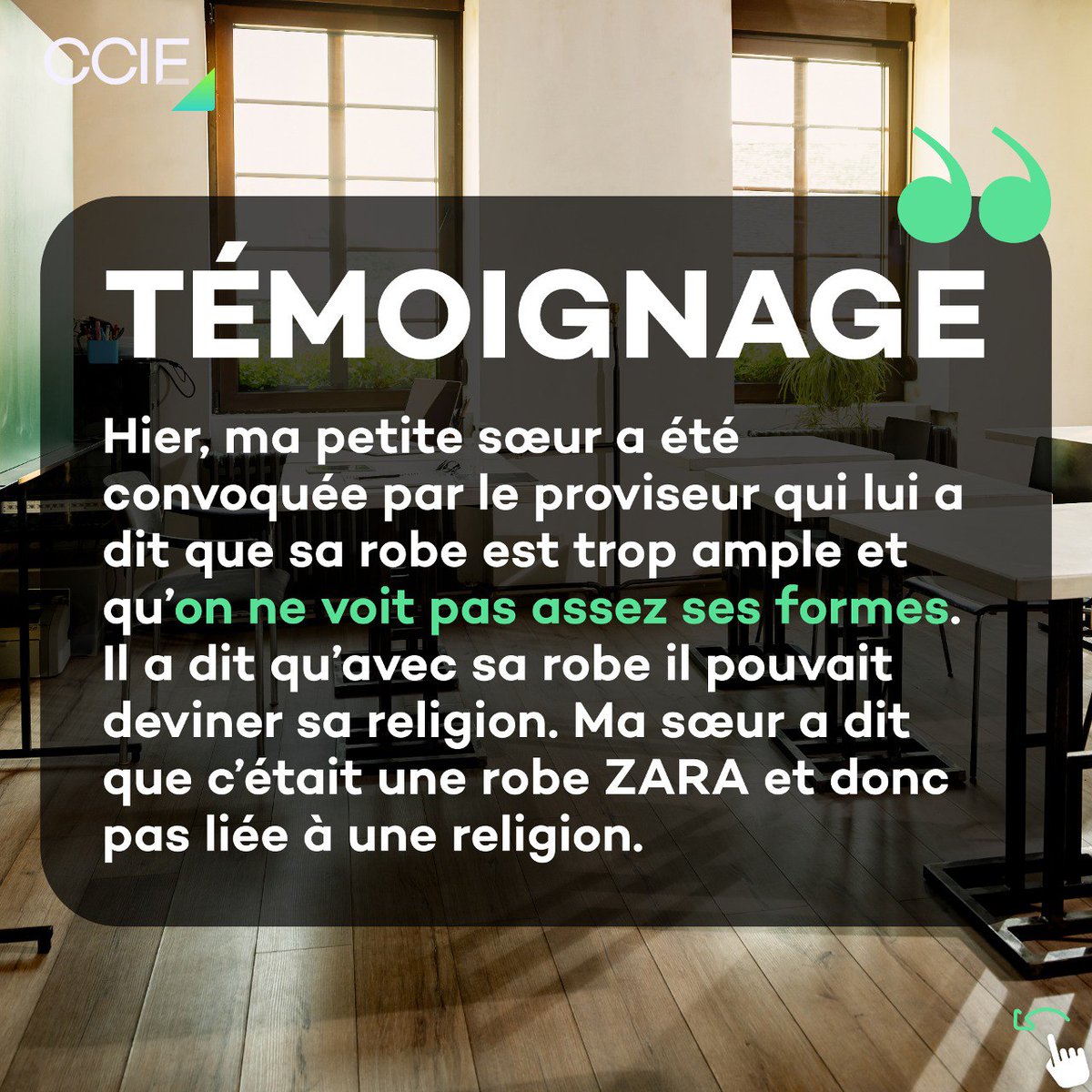 CCIEurope's tweet photo. [TÉMOIGNAGE] Voici un témoignage parmi tant d’autres concernant l’affaire des robes/jupes longues au lycée.

👉 Avez-vous été confronté(e) ou témoin à pareille situation ?

💬 Dites le nous en commentaire.

#UrgenceAction #CCIE #Islamophobie https://t.co/3KSPy4unvW