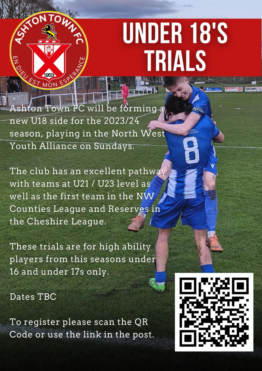 Great opportunity to our <a href="/ashtontownU18s/">Ashton Town FC U21s</a>

Click the link below to register your interest for the upcoming season!

buff.ly/44n2uOa

#UpTheTown #YouthDevelopment