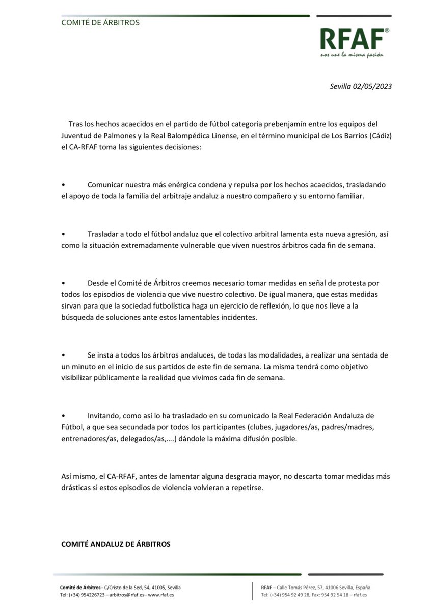 La <a href="/RFAF/">RFAF</a> solicita una sentada de un minuto este fin de semana en repulsa por los hechos acaecidos el pasado fin de semana en un partido de Prebenjamines en la provincia de Cádiz. En la misiva se invita a que participen todos los asistentes a los encuentros