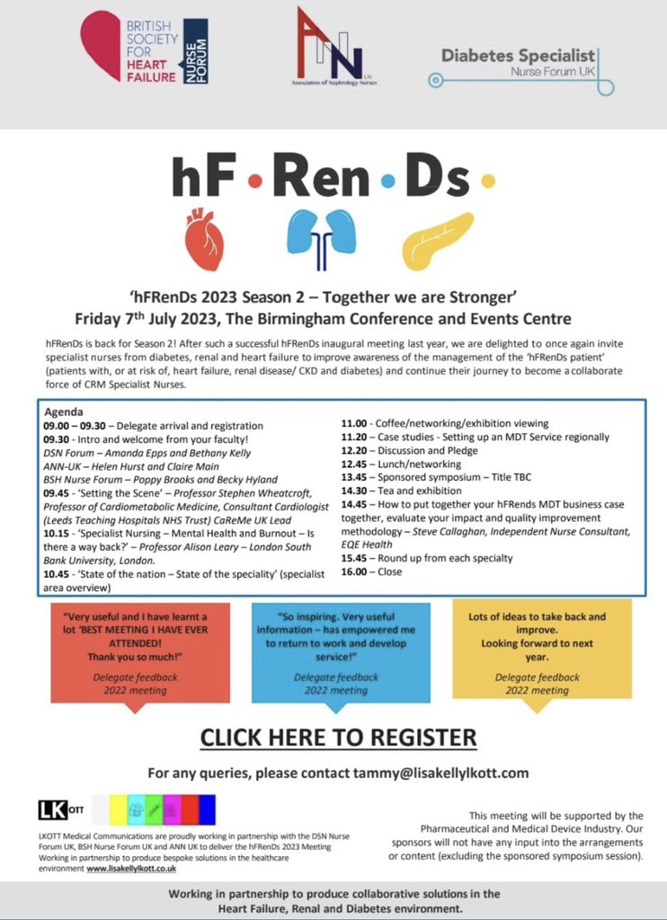 Association of Nephrology Nurses UK (@annukrenal) on Twitter photo In association with <a href="/DSNforumUK/">DSNforumUK</a> & <a href="/BSHNurseForum/">BSH Nurse Forum</a>
Free for ANNUK members
2nd event from <a href="/hFRenDsUK/">hFRenDs</a> for CNS in the cardio-renal-metabolic fields
πKeynote speaker <a href="/alisonleary1/">Prof Alison Leary π#ProtectNurse</a>
β€οΈ CPD
π networking
π7/7
π Birmingham
BOOK NOW viaππ»
π eventbrite.co.uk/e/hfrends-2023β¦ In association with <a href="/DSNforumUK/">DSNforumUK</a> & <a href="/BSHNurseForum/">BSH Nurse Forum</a>
Free for ANNUK members
2nd event from <a href="/hFRenDsUK/">hFRenDs</a> for CNS in the cardio-renal-metabolic fields
πKeynote speaker <a href="/alisonleary1/">Prof Alison Leary π#ProtectNurse</a>
β€οΈ CPD
π networking
π7/7
π Birmingham
BOOK NOW viaππ»
π eventbrite.co.uk/e/hfrends-2023β¦