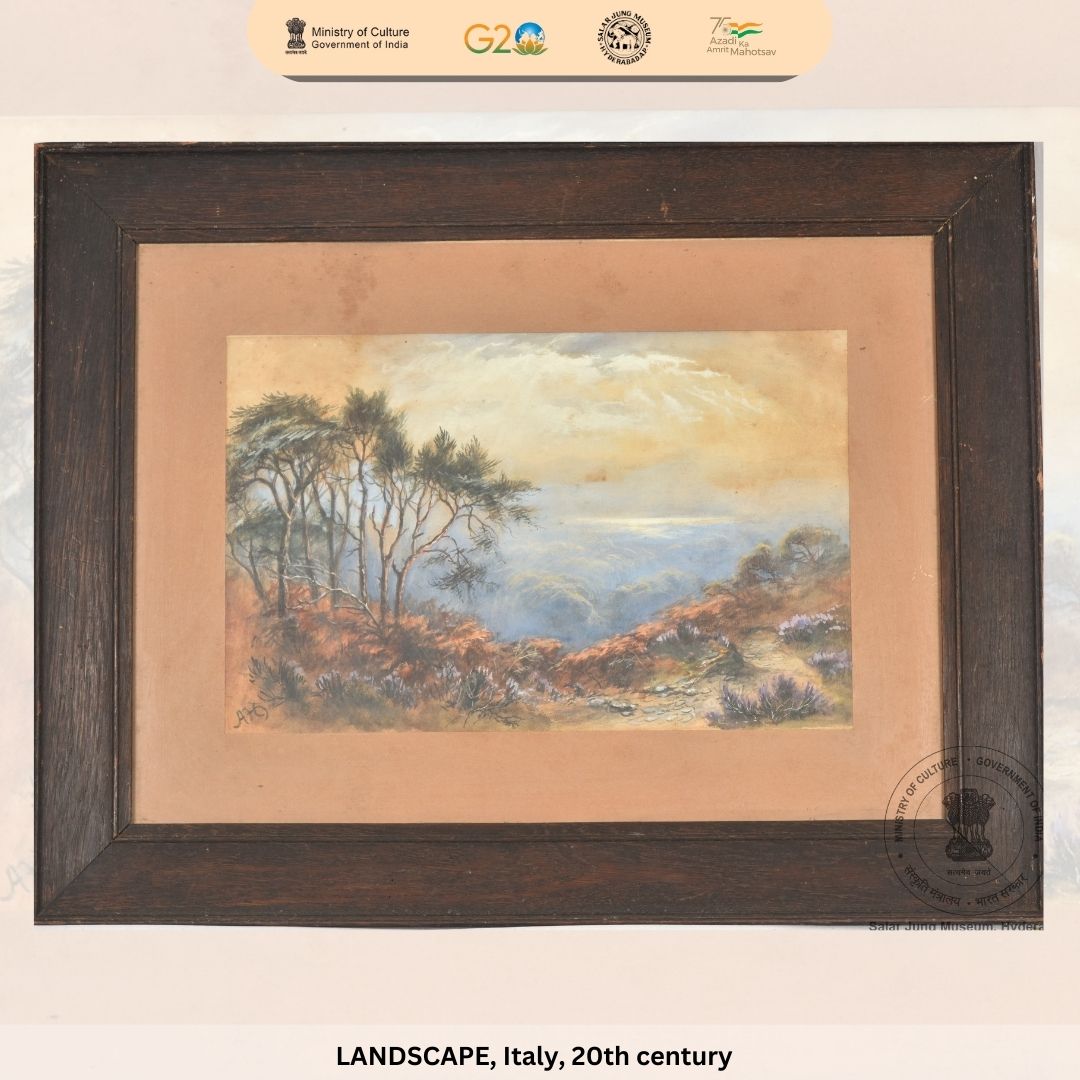 Check out this lively water-colour painting on paper; a landscape is painted showing trees at left, hillock in the background and a brook in the foreground. A painting from Italy, dated to the 20th century.
#SalarJungMuseum #Modernpainting #AmritMahotsav #Italianpainting